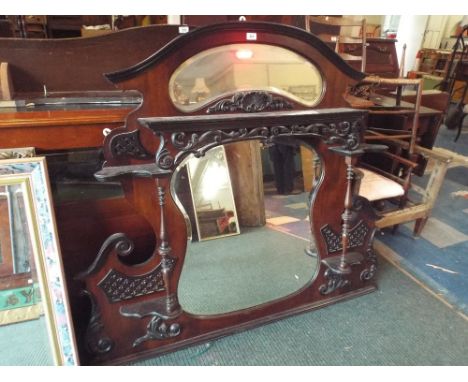 A Late Victorian Mahogany Over Mantle Mirror with Shaped Glass Turned Supports Pierced Shelf Gallery Etc.