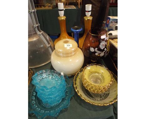 A Collection of Glass Ware to Include Two Fruit Sets, Lamp Shade, Tables Lamps Goblet Etc. 