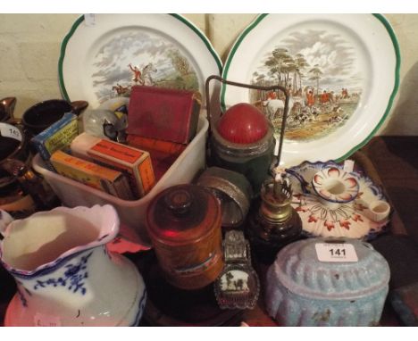 A Tray of Sundries to Include Hip Flask, Enamelled Jelly Mould, Bed Chamber Stick, Copeland Spode Herring Sporting Plates, Bl