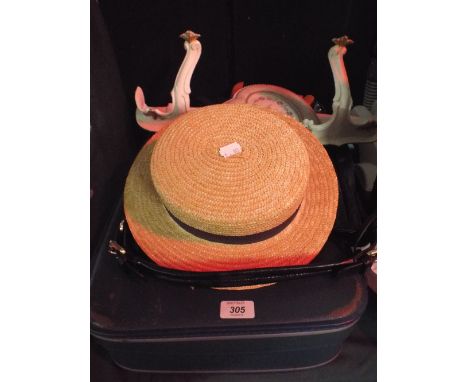 A Ladies Handbag, Case, Boater, Three Vintage Clothes Hangers, Shelf Etc.