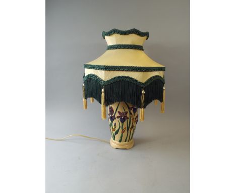 A Ceramic Table Lamp with Relief Orchid Decoration Together with Shade.
