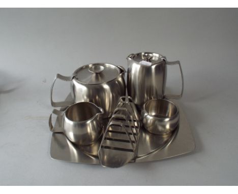 A Collection of Old Hall Stainless Steel Tea Wares to Include Tray, Four Piece Tea Service and Toast Rack.