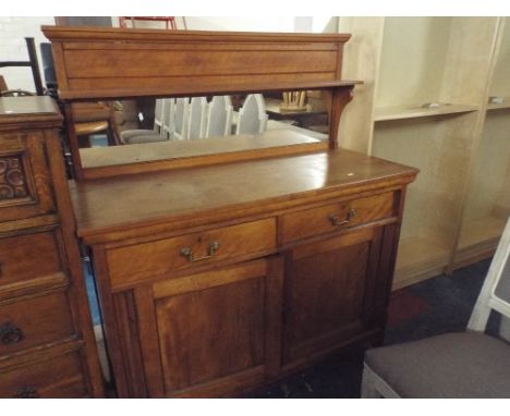 A Late 19th Century Satin Walnut Mirror Backed Sideboard with Two Drawers Over Cupboard Base Raised Gallery Shelf. 