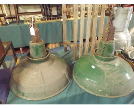 A Pair of Green Enamel Industrial Circular Light Fittings.