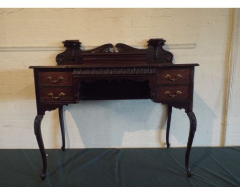 An Art Nouveau Ladies Break Front Writing Desk with Tooled Leather Writing Surface and Stationery Box with Raised Gallery, Tw
