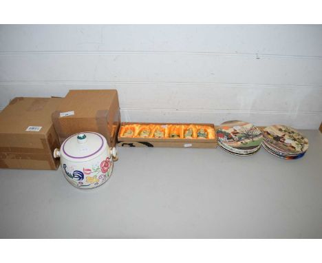 CASED SET OF RESIN BUDDHA FIGURES, POOLE POTTERY COLLECTORS PLATES AND A POOLE POTTERY BISCUIT BARREL