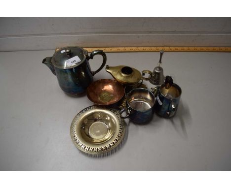 MIXED WARES TO INCLUDE SILVER PLATED TEA SET, BRASS ALADDIN'S LAMP AND OTHER ITEMS