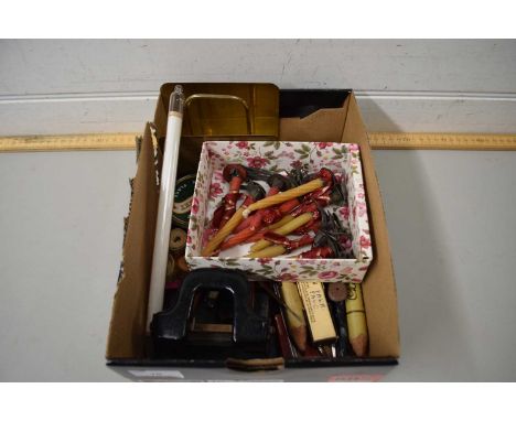 VINTAGE CADBURY'S PROMOTIONAL PENCILS, PARKER PEN, LARGE VINTAGE THERMOMETER, ASSORTED CANDLES, MAGNIFYING GLASSES ETC