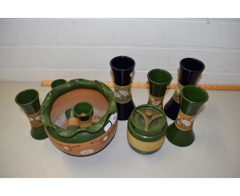 LANGLEY POTTERY VASES, JARDINIERE, TOBACCO JAR ETC
