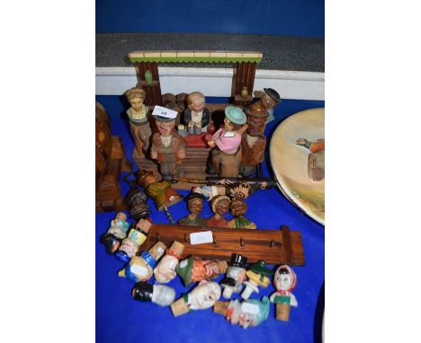 NOVELTY WOODEN BAR TOOL SET FORMED AS FIGURES, TOGETHER WITH VARIOUS NOVELTY BOTTLE STOPPERS, CORKSCREW, TOBACCO PIPE ETC