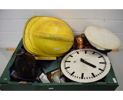 FIREMAN'S HELMET, WALL CLOCK, VARIOUS COLLECTORS SPOONS, NAVAL HAT MARKED HMS DOLPHIN AND OTHER ITEMS