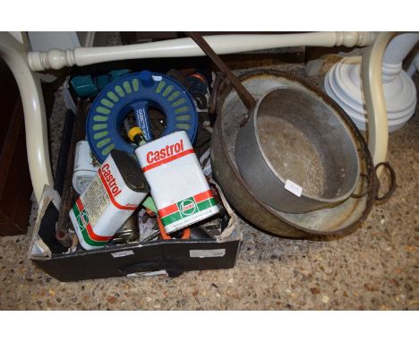 MIXED LOT OF TOOLS, GARAGE CLEARANCE ITEMS, METAL PANS ETC