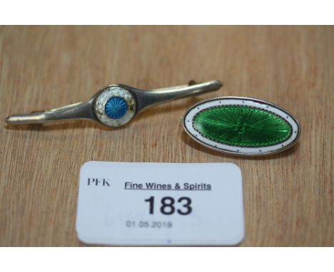 2 silver and enamel brooches