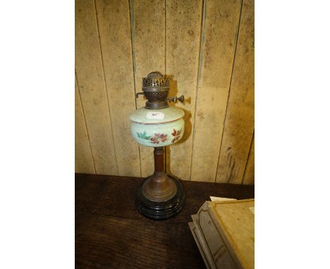 19th Century table oil lamp with painted opaque glass reservoir