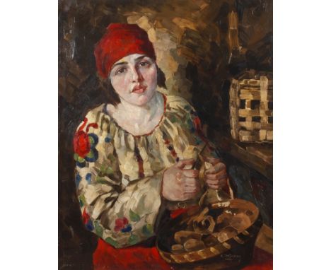 Karl Hoffmann, Kartoffelschälerinjunge Frau beim Kartoffeln schälen, mit zum Betrachter gerichtetem Blick, mit breitem Pinsel