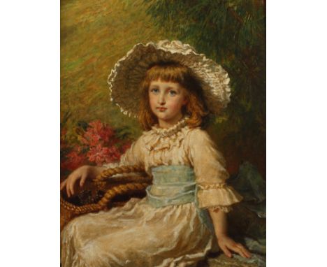 Carl Bauerle, Mädchenbildnis der Elisabeth RisdonKniestück eines kleinen sitzenden Mädchens, in eleganter Sommerrobe aus weiß