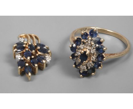 Ring und Anhänger mit Saphiren und Diamantenum 1990, Gelbgold gestempelt 14 K = 585/1000, Damenring mit navettenförmigem Ring