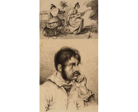 Ludwig Emil Grimm, attr., Paar Radierungen1.) zwei Damen beim Musizieren und Schreiben sowie 2.) Portrait eines Herrn, Blatt 