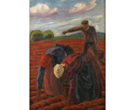Karl Paul, "Kartoffelstecken"frühlingshafte Landschaft mit umgeackertem Feld und Bauersleuten beim Einbringen der Saatkartoff
