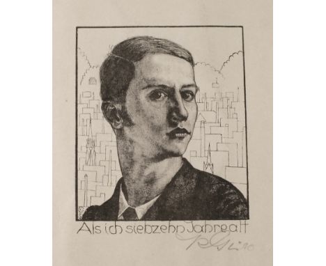 Kurt Günther, "Als ich siebzehn Jahre alt"Portrait des Künstlers vor stilisierter Stadtkulisse, unter der Darstellung im Stei