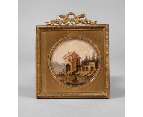 Franz Lieder, attr., Flusslandschaft mit Mühleminiaturhafte Zeichnung in Sepiatönen, in der Darstellung als "Souvenir" bezeic