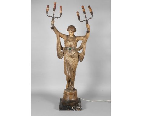 Goldscheider Wien figürliche Salonlampe Entwurf Adolphe-Jean Lavergne um 1905, Skulpturenmarke um 1900-1920, geprägte Modelln