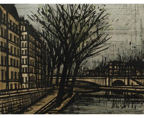 Bernard Buffet, "L'ile saint-louis"Blick entlang eines von Bäumen und Häusern gesäumten Flusses in Paris, Farblithographie, 1