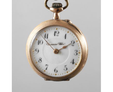 Damentaschenuhr Goldum 1900, gemarkt Corania-Uhr, guillochiertes Goldgehäuse gestempelt 14 K, Staubdeckel aus Metall, Zylinde