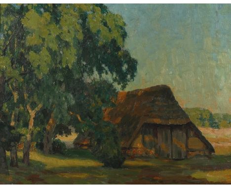 Hermann Hellbusch, Alte Kate im Tecklenburger Landeinsame unter Bäumen stehende, mit Reet gedeckte Kate, in flacher Landschaf
