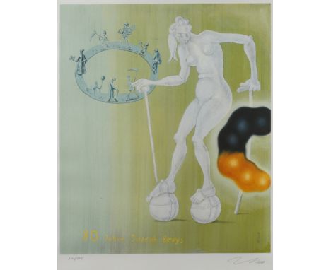 Prof. Jörg Immendorff, "80 Jahre Joseph Beuys"figurative Komposition mit einer auf Bällen laufenden nackten Frau, in der Dars