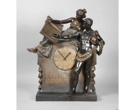 Goldscheider Wien, große Uhr "Historia" Entwurf Adolphe Jean Lavergne um 1905, Keramik, dunkler Scherben, bronzefarben staffi