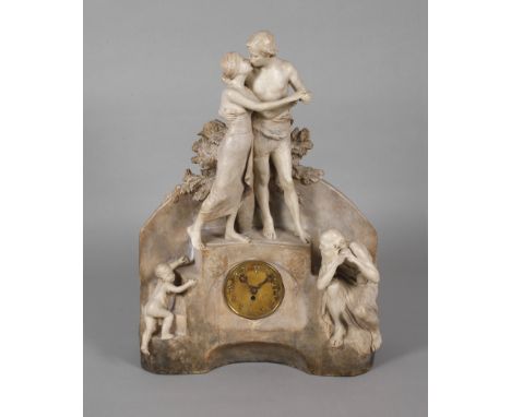 Goldscheider Wien, Uhr "Allegorie des Lebens"Entwurf Stanislaus Czapek (signiert Capeque), Ausführung Manufaktur Friedrich Go