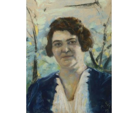 Alexander von Szpinger, Portrait Marianne HansenPortrait einer den Betrachter anblickenden Frau mit dunklem Haar, Pastell, re