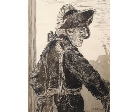 K. Greif, Bildnis Friedrich des Großender über die Schulter blickende Alte Fritz, lavierte Tuschefederzeichnung, rechts unten
