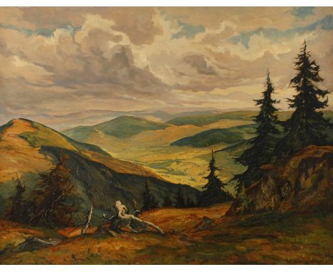 Wilhelm Wickertsheimer, "Herzogenhorn mit Bernau"weiter Blick von einer Anhöhe in sanft bewegte, sommerliche Schwarzwaldlands
