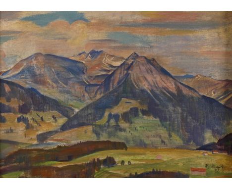 K. Krauß, Sommer in den AlpenBlick von einer Anhöhe auf eine Ebene mit Wiesen und Wäldern, vor imposant emporsteigenden Berge