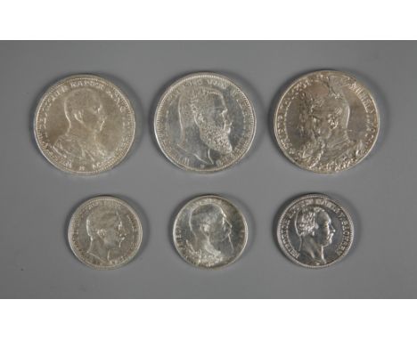 Konvolut Kaiserreich5 Mark Württemberg 1908, 5 Mark Preußen 1901, 5 Mark Preußen 1913, 2 Mark Sachsen 1914, 2 Mark Baden 1902