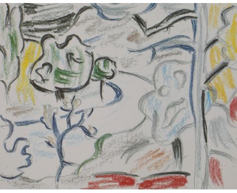 Roy Lichtenstein, "Path trough the Forests" Blick auf einen von Bäumen und Sträuchern gesäumten Weg, Farblithographie, erschi
