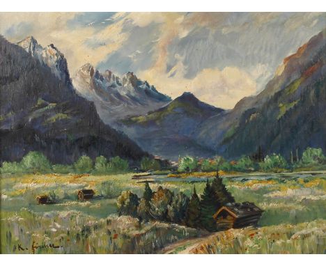 K. Fischer, Sommer in den AlpenBlick in ein breites Tal mit vereinzelten Baumgruppen, vor der imposanten Kulisse steil aufrag