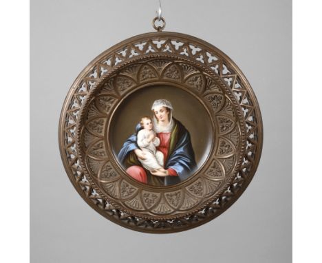 Porzellanbild Madonna mit Kind2. Hälfte 19. Jh., Prägemarke BLM, runde gemuldete Form mit feiner polychromer Aufglasurbemalun