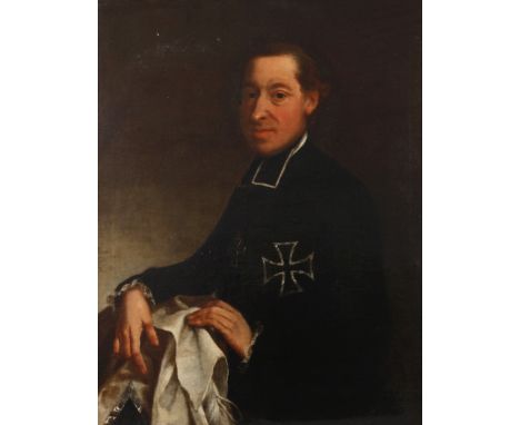 Portrait eines katholischen Geistlichenbarockes Halbfigurenbildnis eines Mannes im schwarzen Talar, mit schwarzem, weiß umran