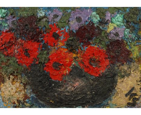 Karl Stark, attr., "Purpur in dunkler Schale"expressives Blumenstillleben, stark pastose, reliefartige Malerei, hierzu bemerk