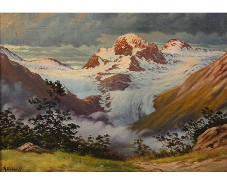 Karel Voboril, Abend in den AlpenBlick auf ein mächtiges, von Schnee bedecktes Gebirgsmassiv, im warmen Sonnenlicht des zur N
