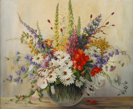 Karl Schweitzer, Sommerblumenstilllebenbunter Strauß aus Mohnblüten, Margeriten, Fingerhut, Glockenblumen, Königskerze, Johan