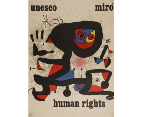 Joan Miro, Plakat "Unesco human rights"abstrahierte Formen in Rot, Blau, Gelb und Schwarz, hierauf Schriftzug "Unesco Miró hu