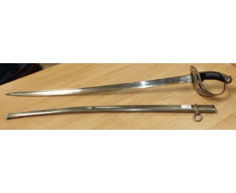 A French sabre with ebonized grip and basket guard, in steel scabbard