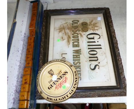 A 19th century advertising sign "Gillans Old Scotch Whiskies"; a Guinness advertising ashtray; a boxed set of printers' prici