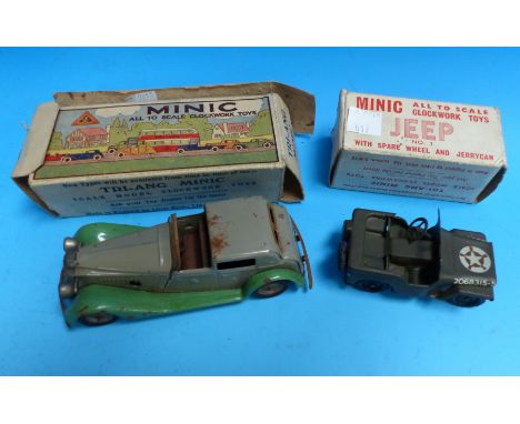 A boxed Minic Tri-ang scale model clockwork toys Vauxhall Town Coupe in grey and green (some rusting to paint and metalware; 