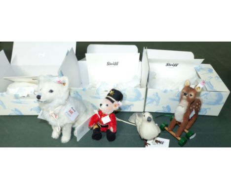 Four modern Steiff tree decorations in original boxes with certificates, including Fawn, White bird, White Dog & Soldier