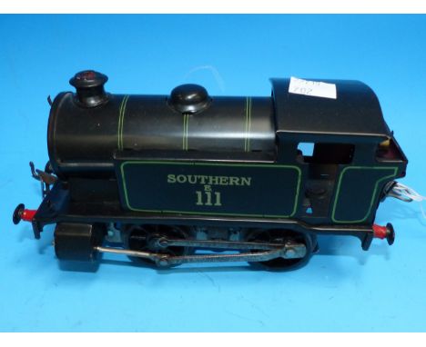 A Hornby clockwork 0 gauge 4-wheel tank engine fully repainted in Southern black livery, number E111, fitted with a 20 volt e
